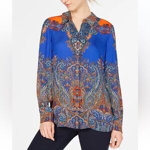 Elie Tahari blue & orange paisley elegant button down Viscose Blouse Small